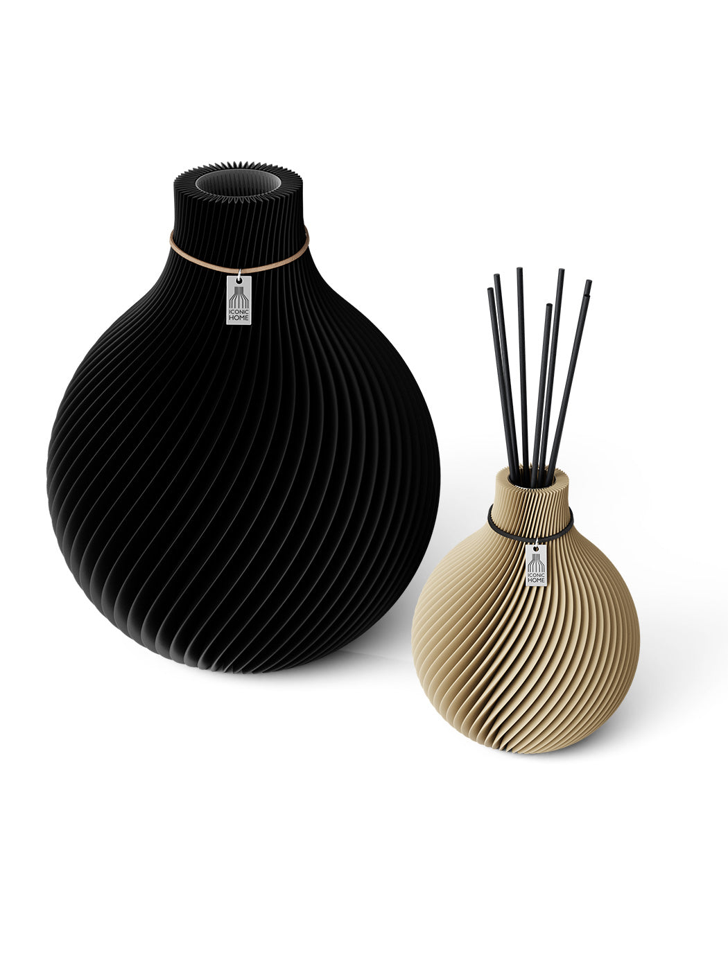 32 cm Vase Sphere Deep Black Duftvase Natural Oak Set ICONIC HOME Schwarzes Band und Naturfarbenes Band