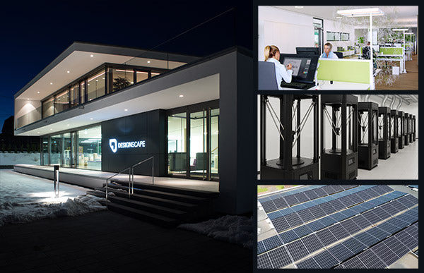 Collage montrant le bâtiment de l’entreprise, le bureau, une vue illustrative d’imprimantes et l’installation photovoltaïque.