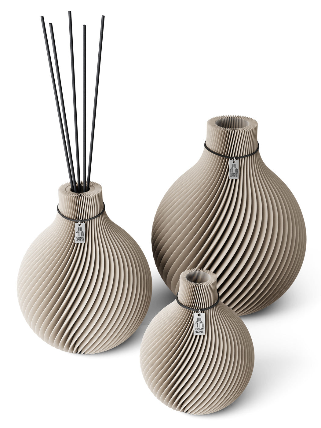 3 Vasen Set Duftvase Sphere Cozy Greige 26 cm ICONIC HOME Schwarzes Band