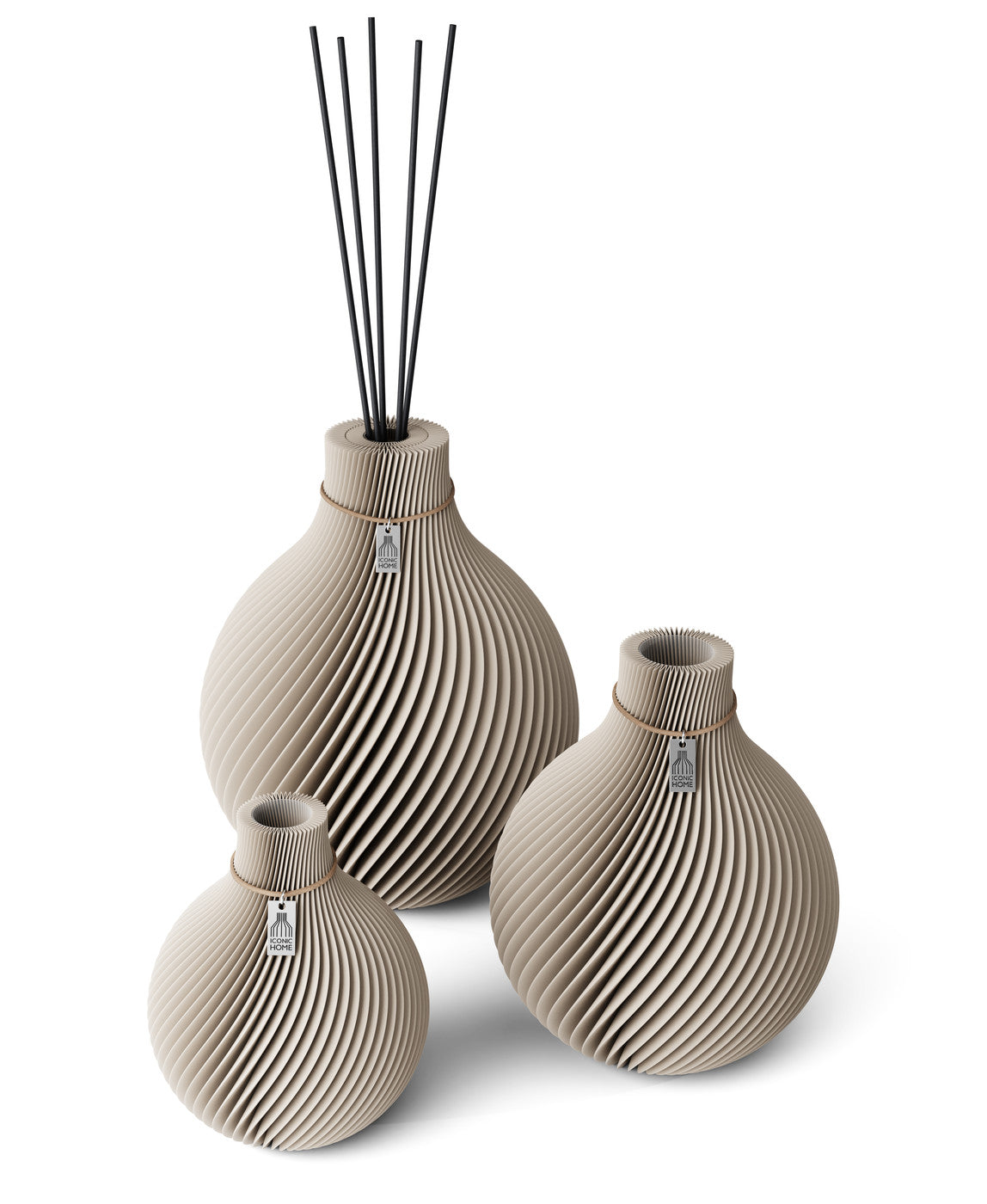 3 Vasen Set Duftvase Sphere Cozy Greige 32 cm ICONIC HOME Naturfarbenes Band