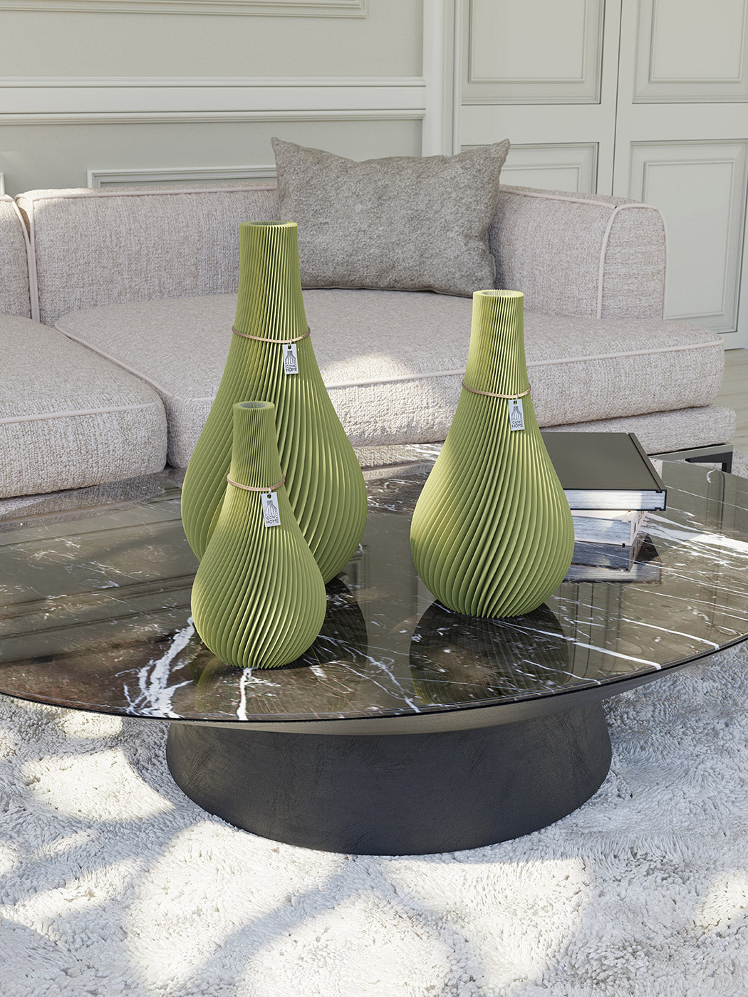 ICONIC HOME Vase Twist 3er Set Matcha Green auf einem Marmortisch