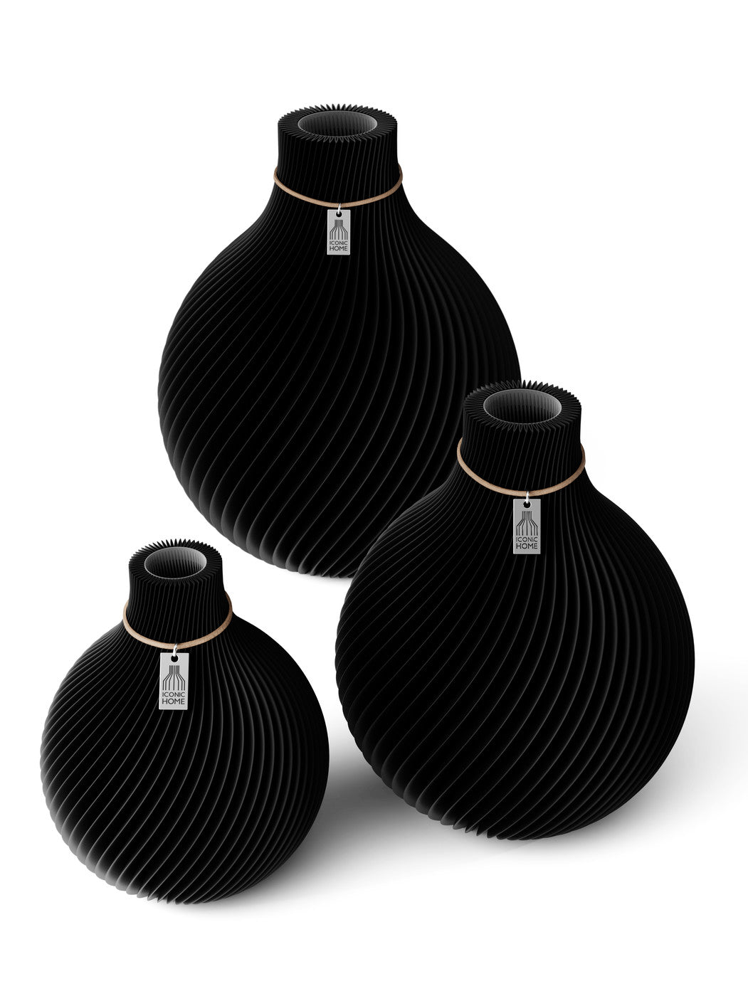 3 Vasen Set Sphere Deep Black ICONIC HOME Naturfarbenes Band