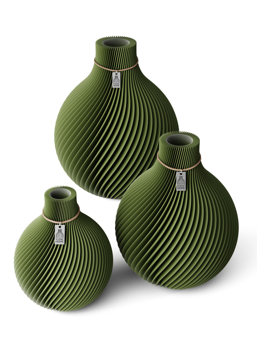 3 Vasen Set Sphere Moss Green ICONIC HOME Naturfarbenes Band