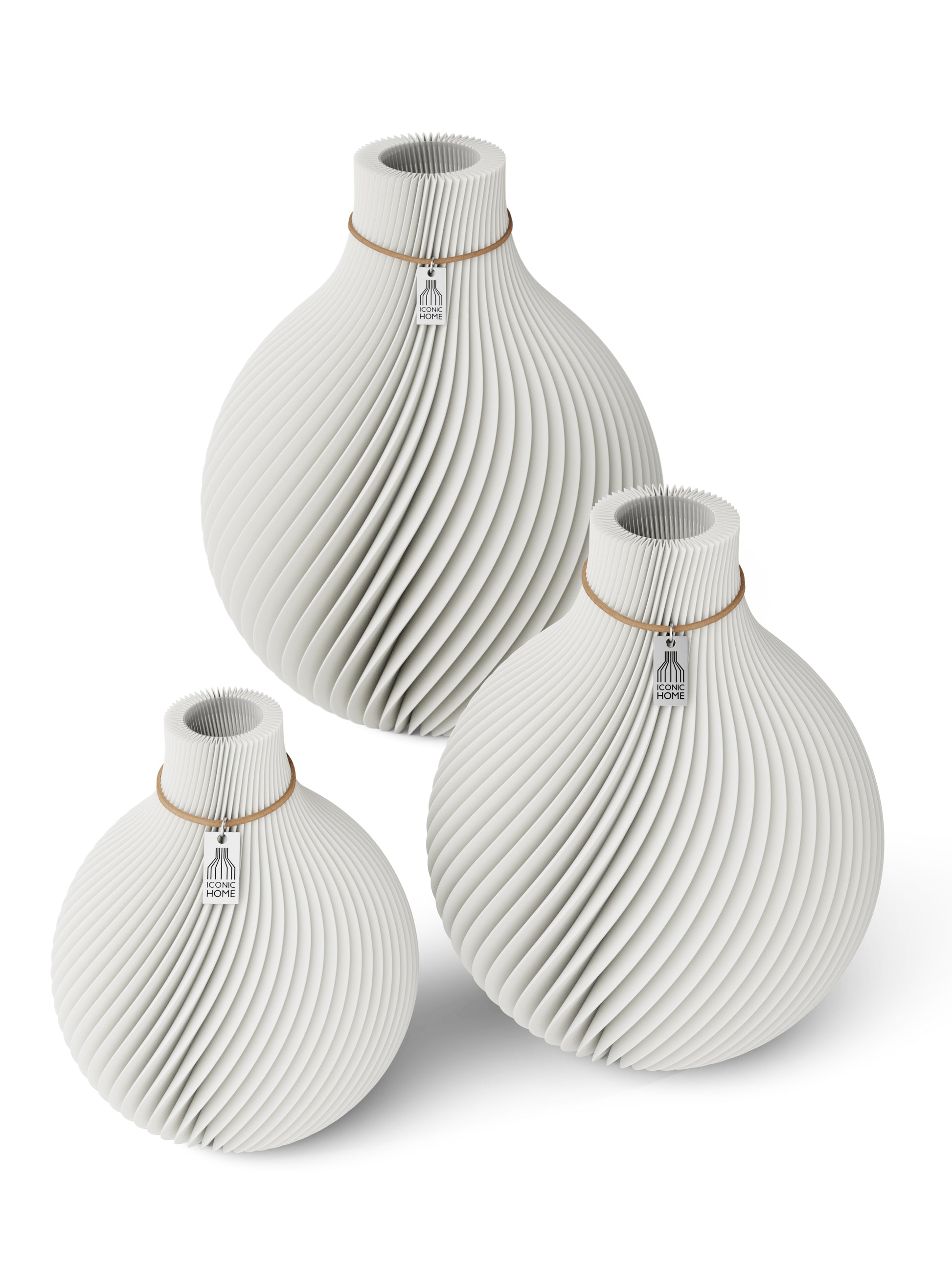 3 Vasen Set Sphere Pure White ICONIC HOME Naturfarbenes Band