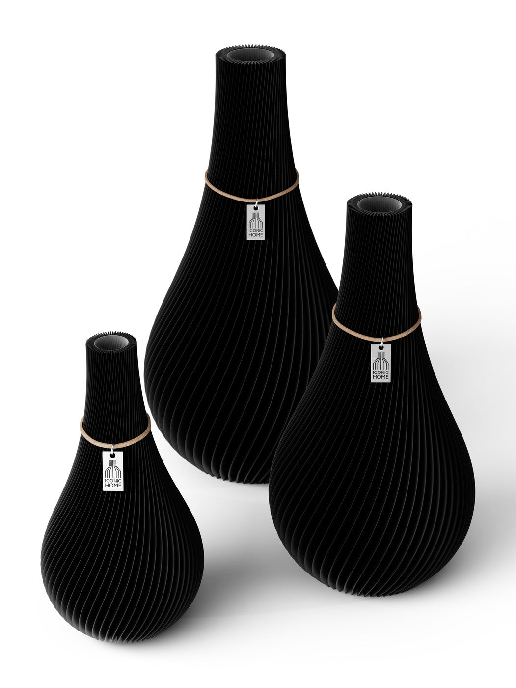 3 Vasen Set Twist Deep Black ICONIC HOME Naturfarbenes Band