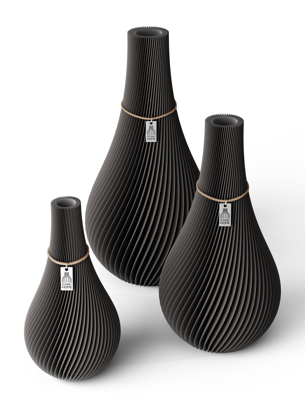 3 Vasen Set Twist Stormy Gray ICONIC HOME Naturfarbenes Band